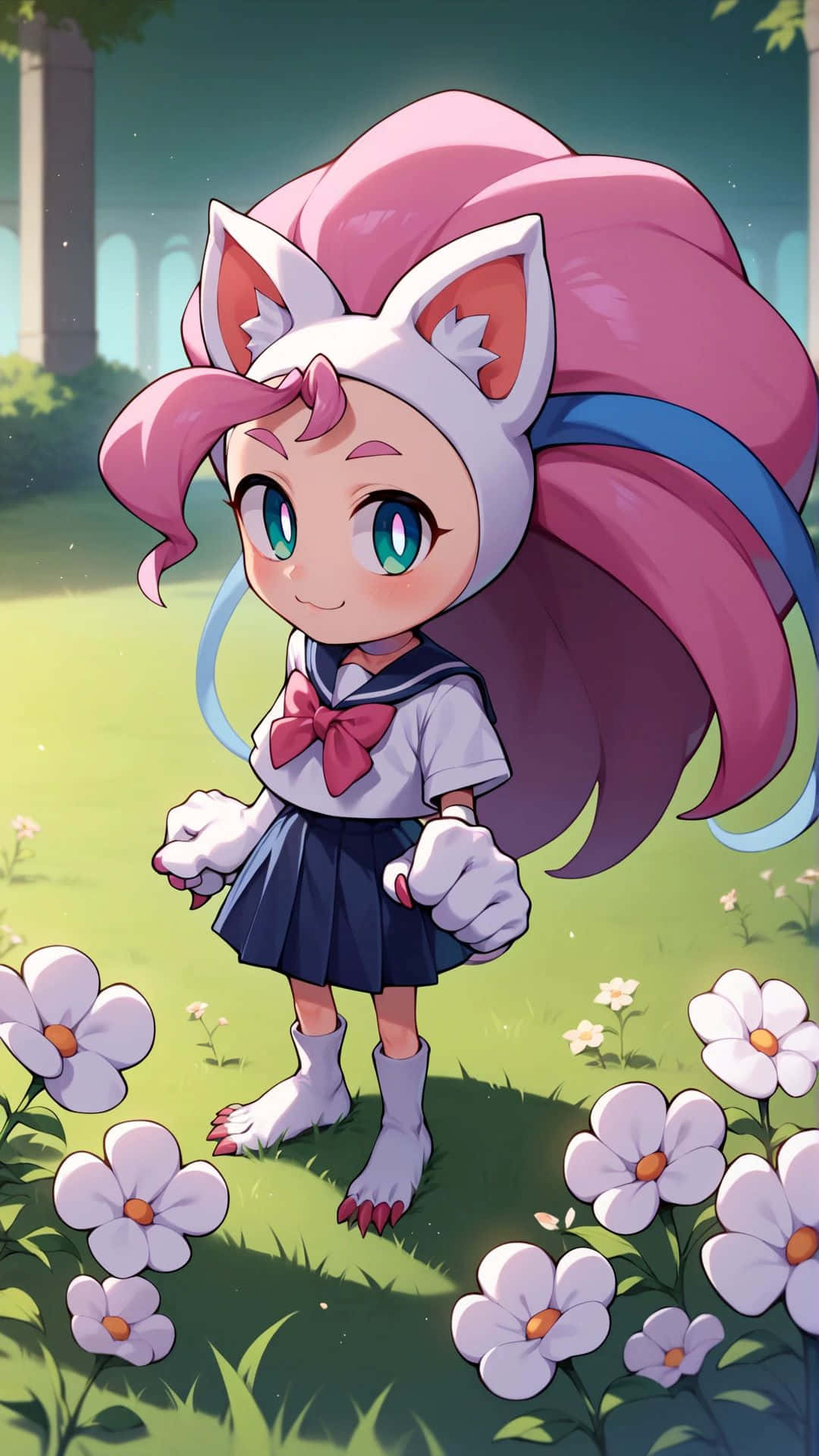 Fille Anime Renard Dans Un Champ De Fleurs Fond d'écran