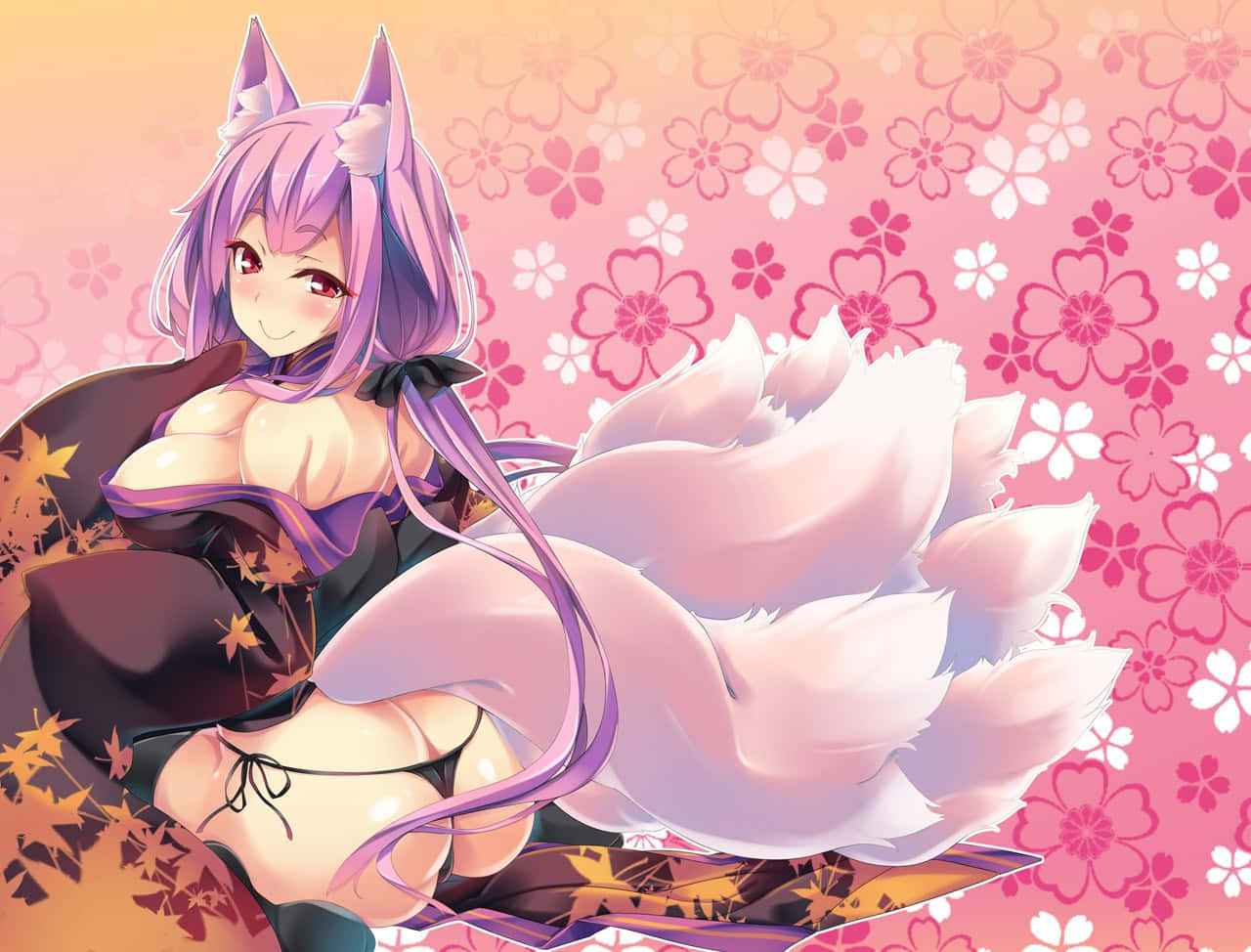 Anime Fox Girlwith Purple Hairand Tails Wallpaper
