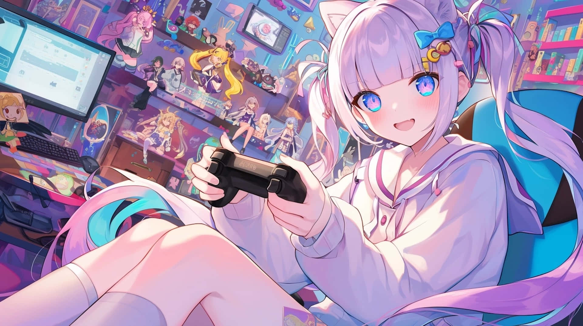 Anime Gamer Girlin Colorful Room Wallpaper