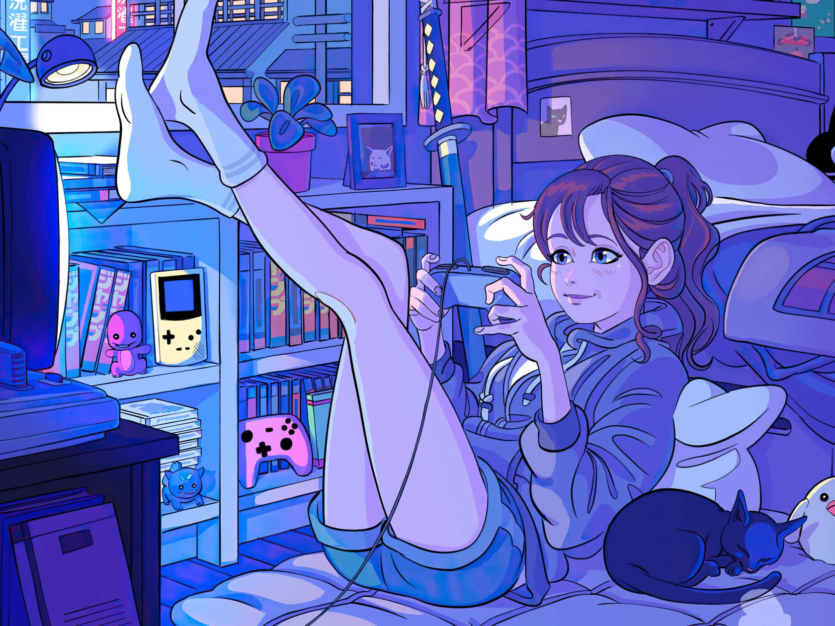 Anime Gamer Girlin Cozy Room Wallpaper