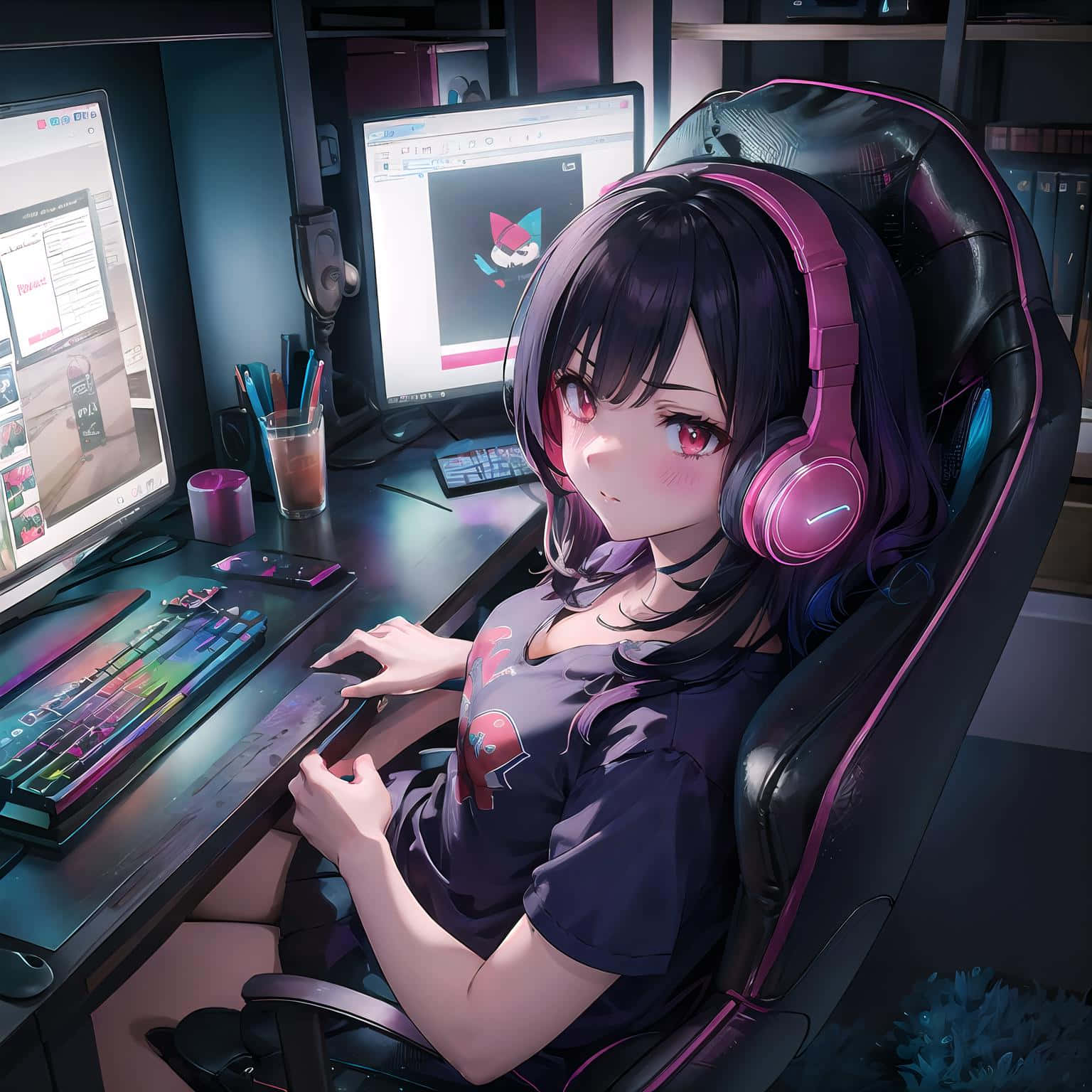 Anime Gamer Girlin Illuminated Room Wallpaper