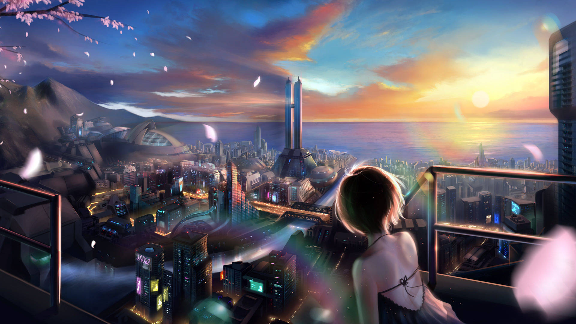 A Girl Looking Out Over A City At Sunset Wallpaper