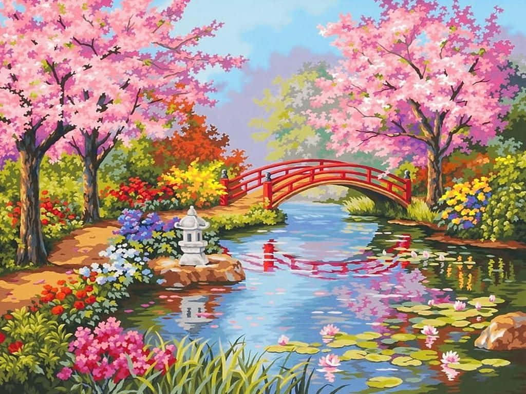 Anime Garden Colorful Lake Wallpaper