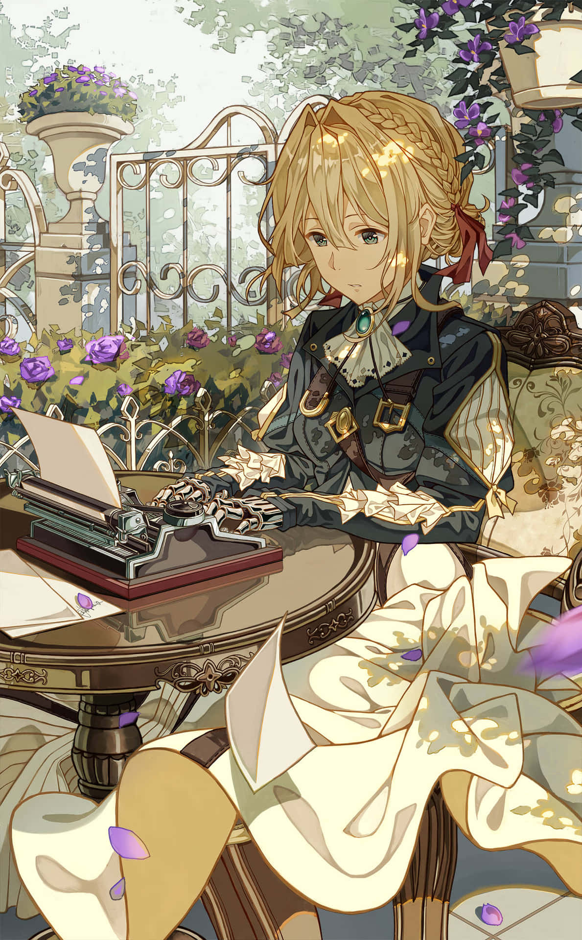 Anime Garden Typing Blonde Girl Wallpaper