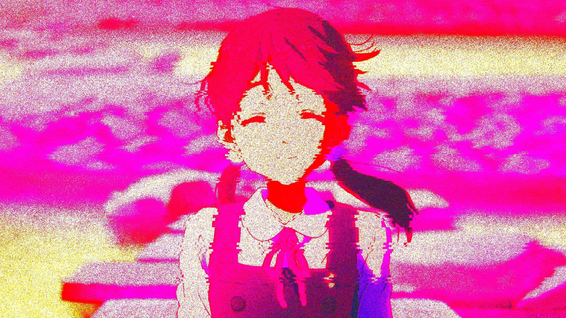Anime pige med en pink og gul Æstetik Wallpaper