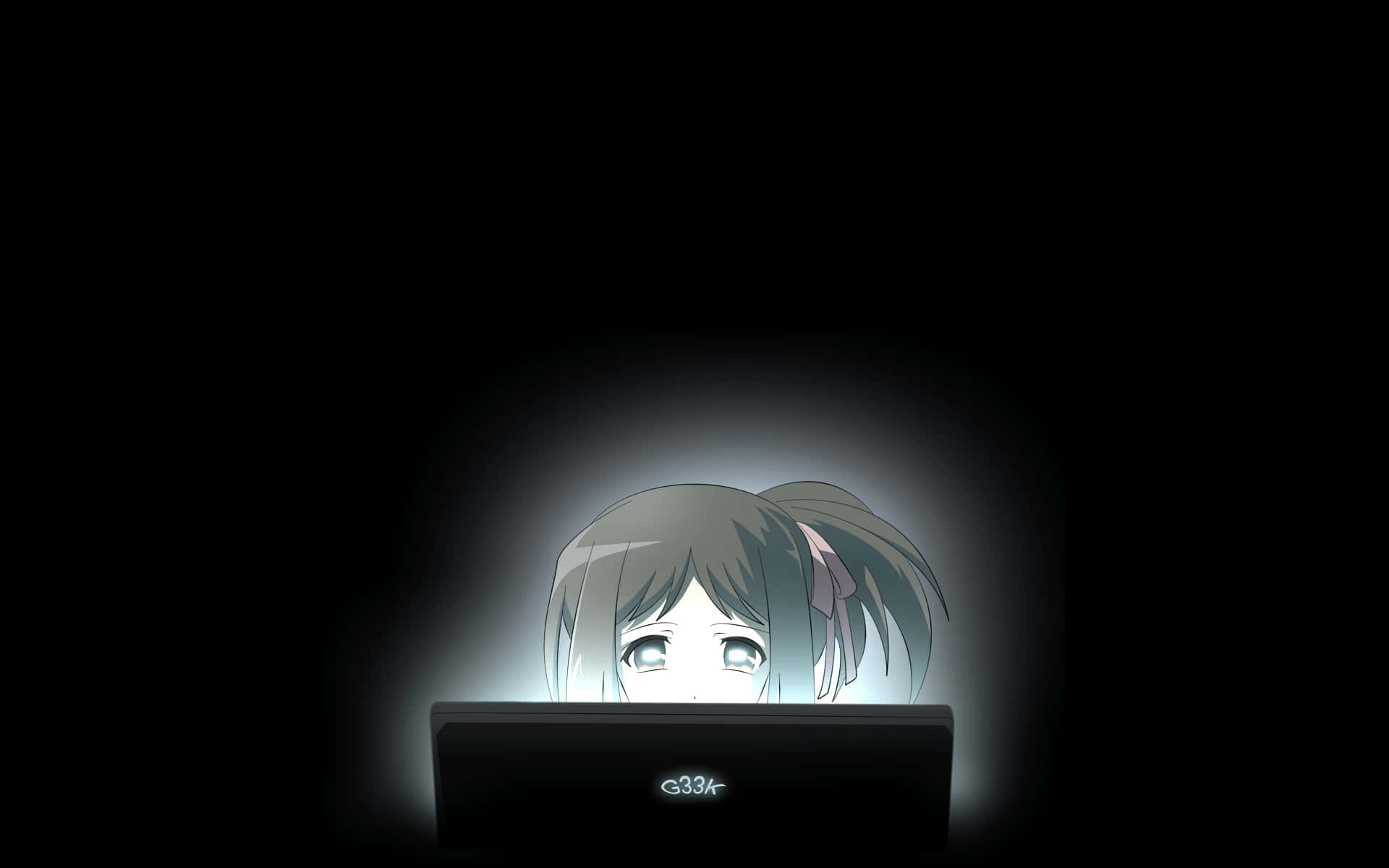 Mörksöt Anime Tjej Estetik Med Laptop Wallpaper