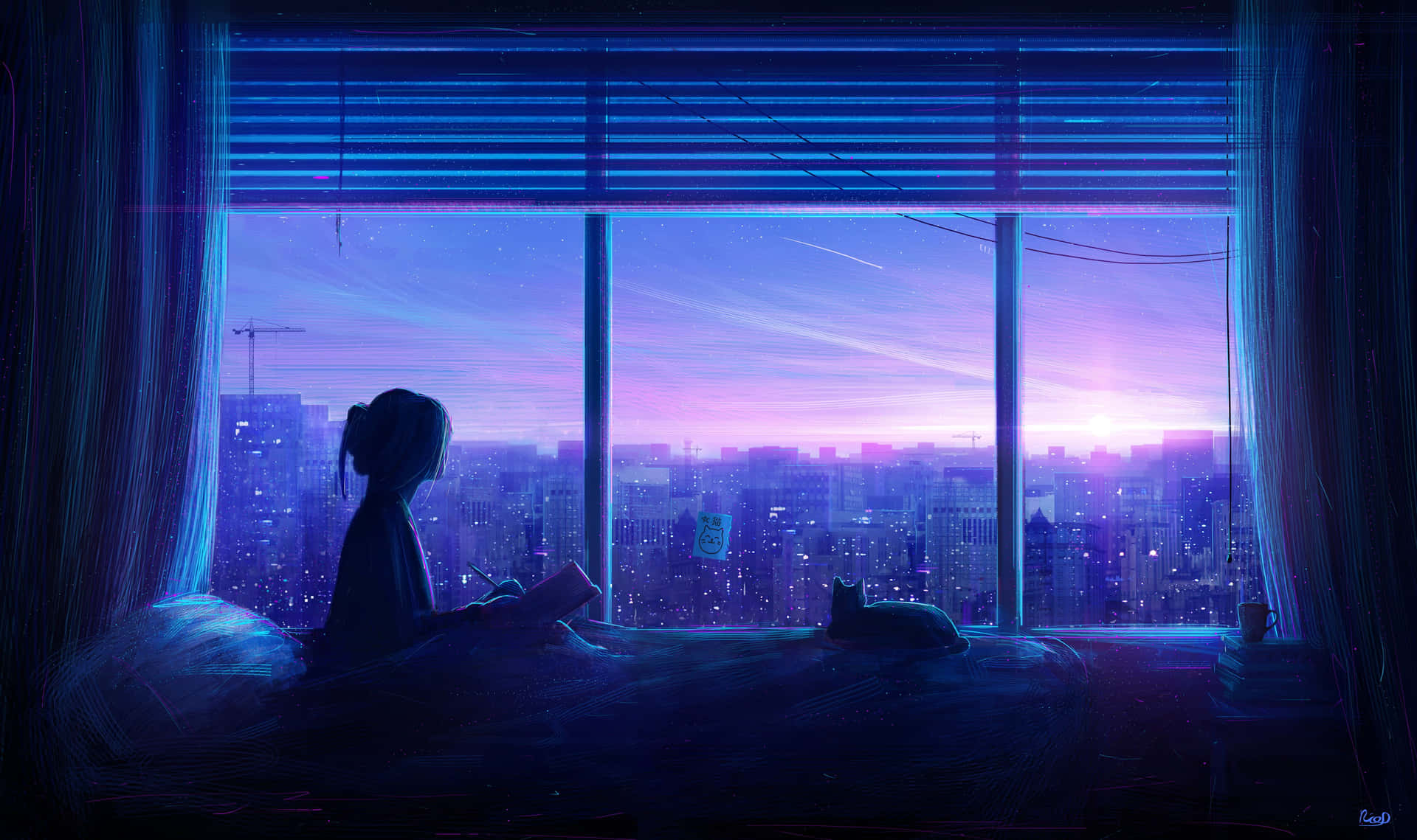 Blue Anime Girl Aesthetic On Wide Window Sunset Wallpaper