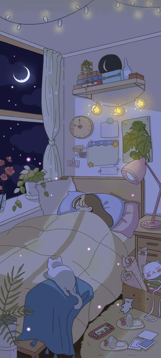 Ilustraciónde Una Habitación Con Estética De Chica Anime Durmiendo Fondo de pantalla