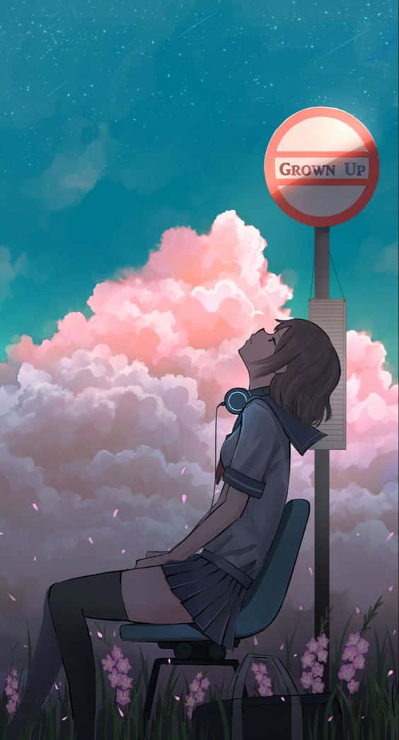 Drømmende Anime Pige Æstetik Med Skyet Himmel Wallpaper