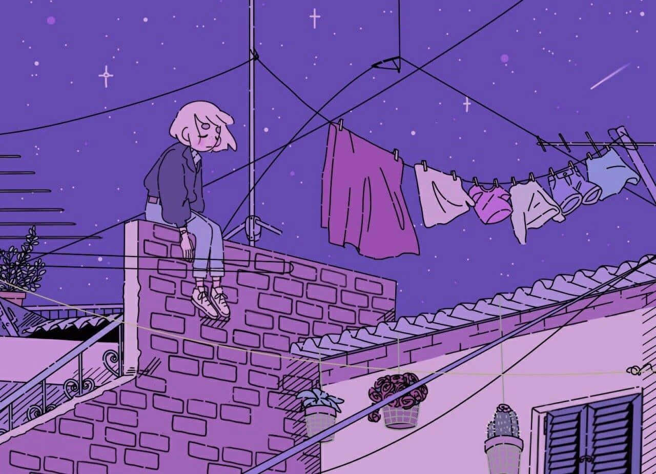 A Girl Sitting On A Roof With Clothes Hanging On The Line Wallpaper