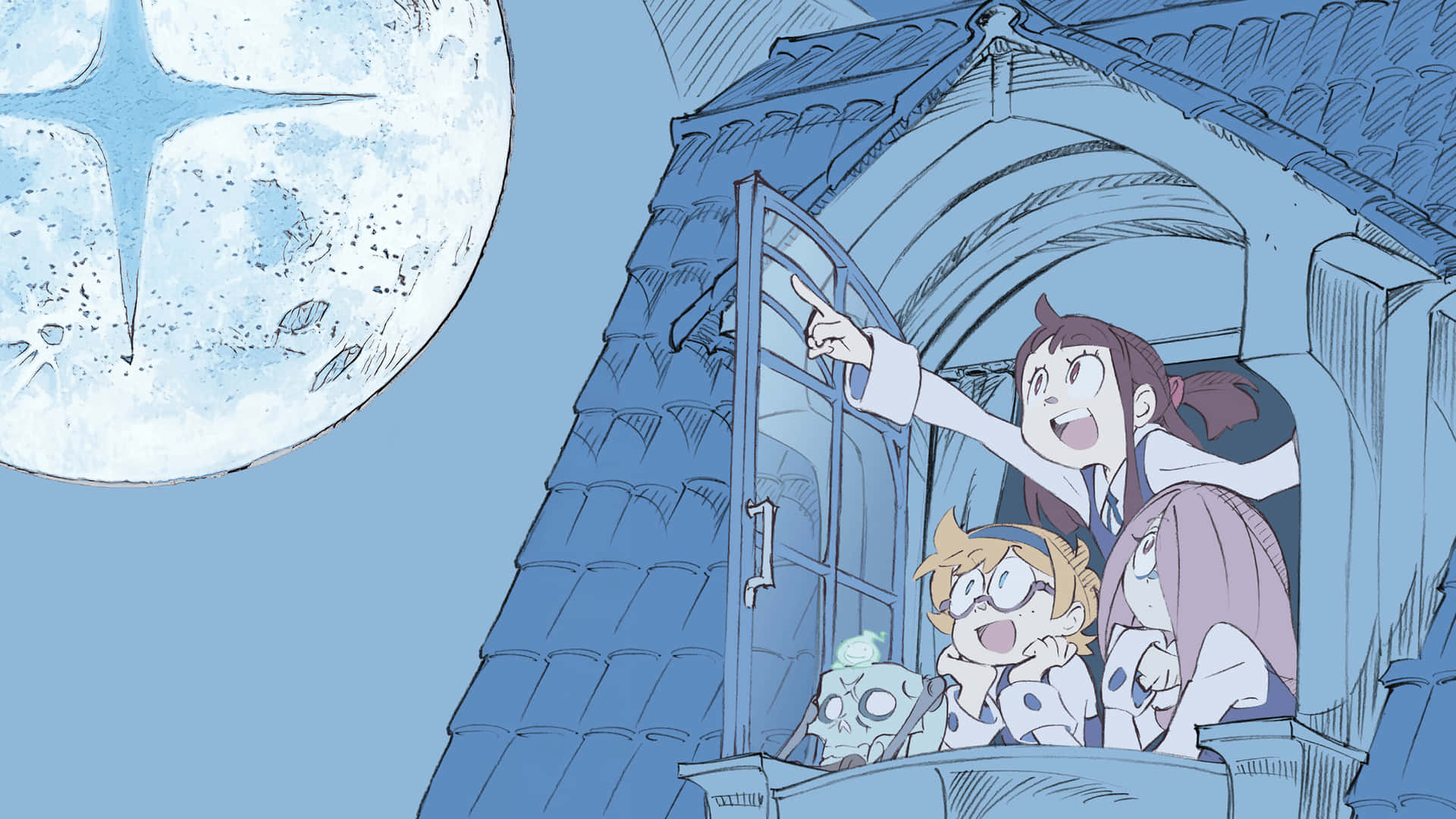 En tegnefilm af en pige og hendes venner, der kigger ud af et vindue Wallpaper