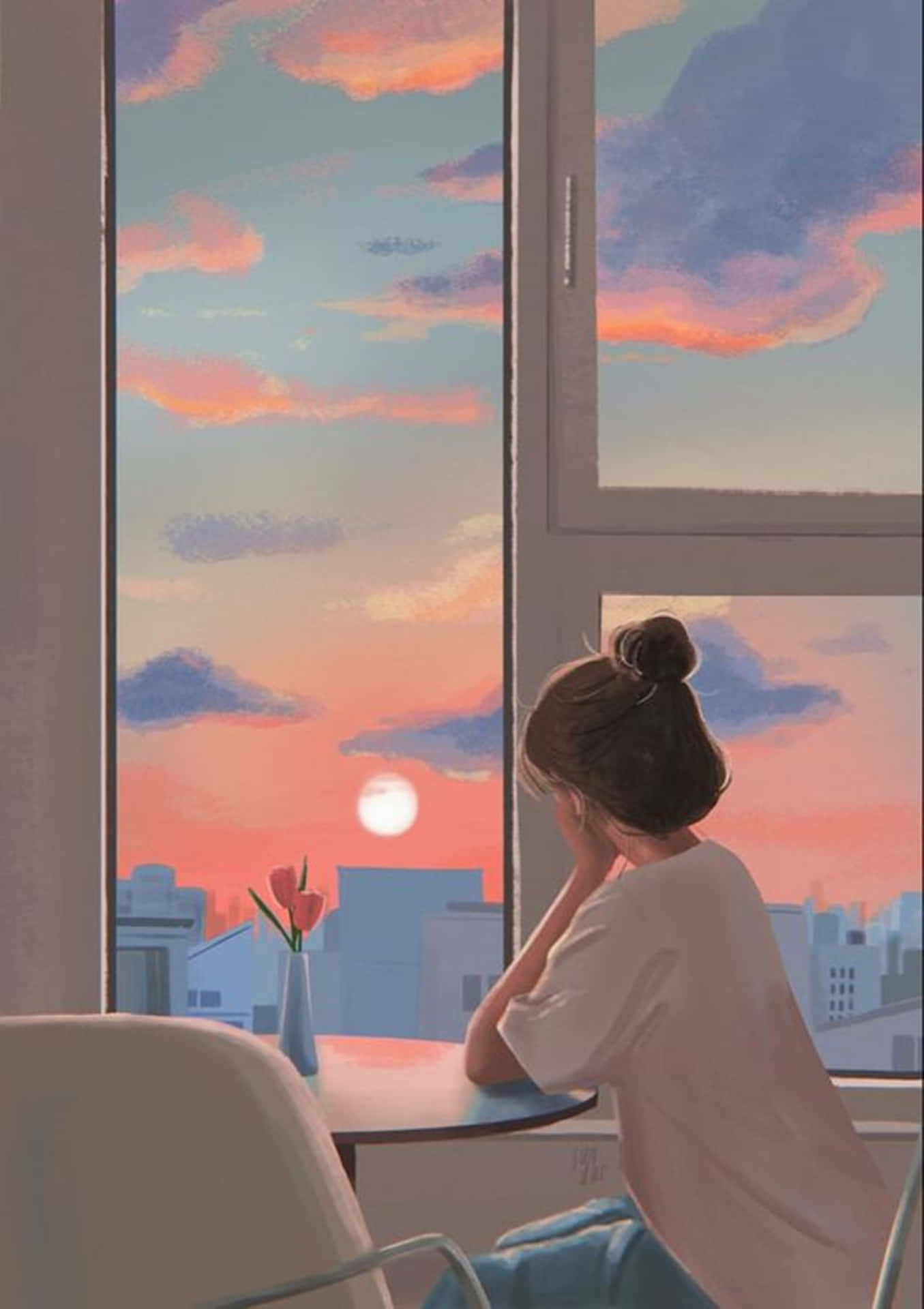 Stilfuld animepige æstetisk solnedgangs himmel tapet Wallpaper