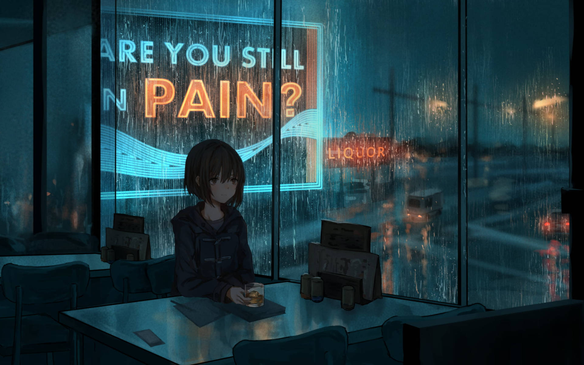 Anime Girl Alone In A Cafe Background