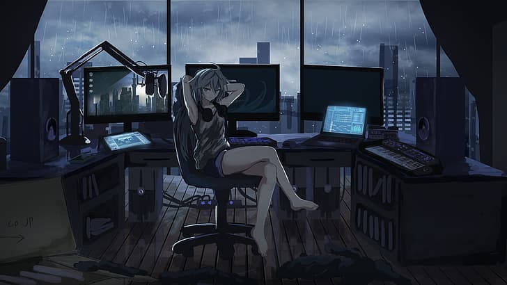 Anime Pige og flere bærbare computere Tapet Wallpaper