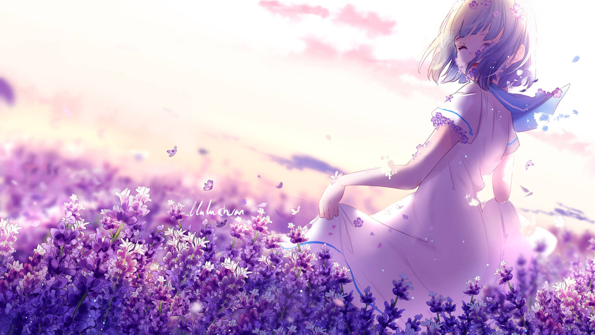Anime Girl And Purple Flower Field Wallpaper