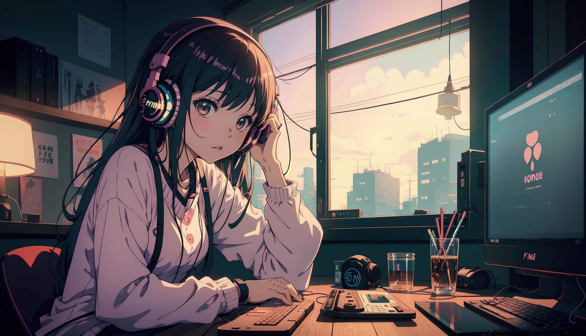 Anime Girl At Dusk Workstation Wallpaper