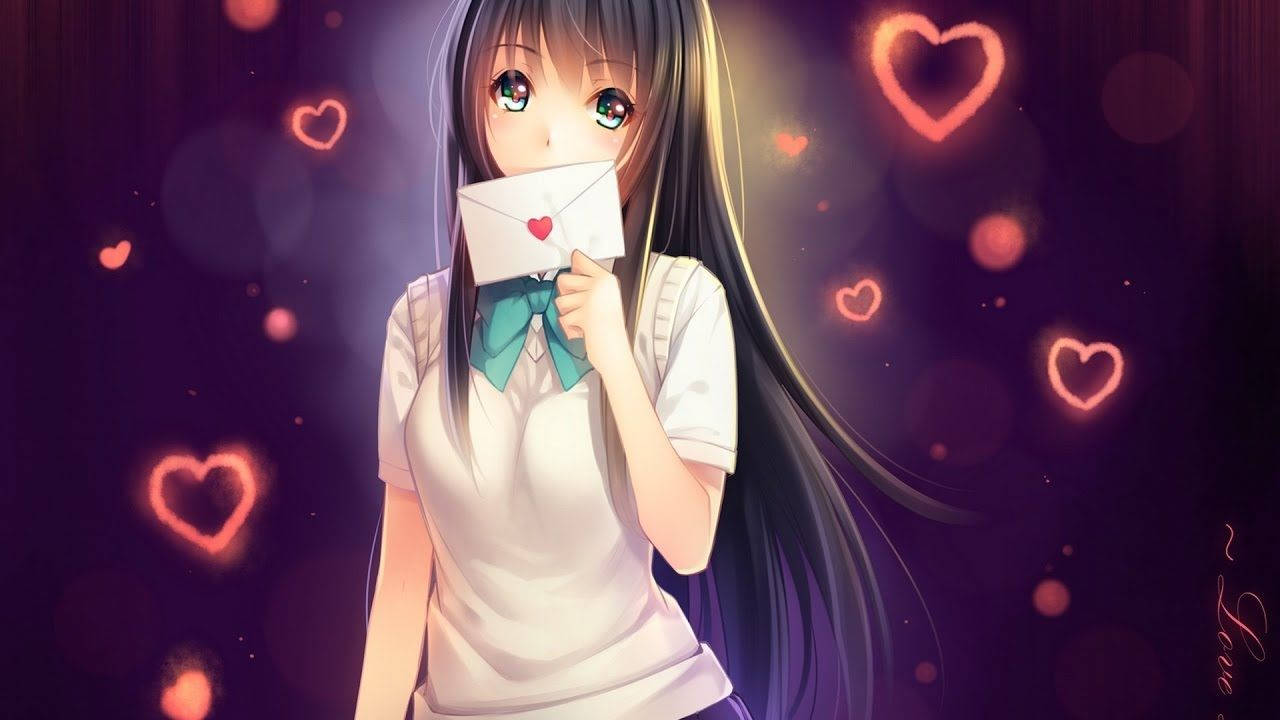 Anime girl with long black hair biting love letter wallpaper 