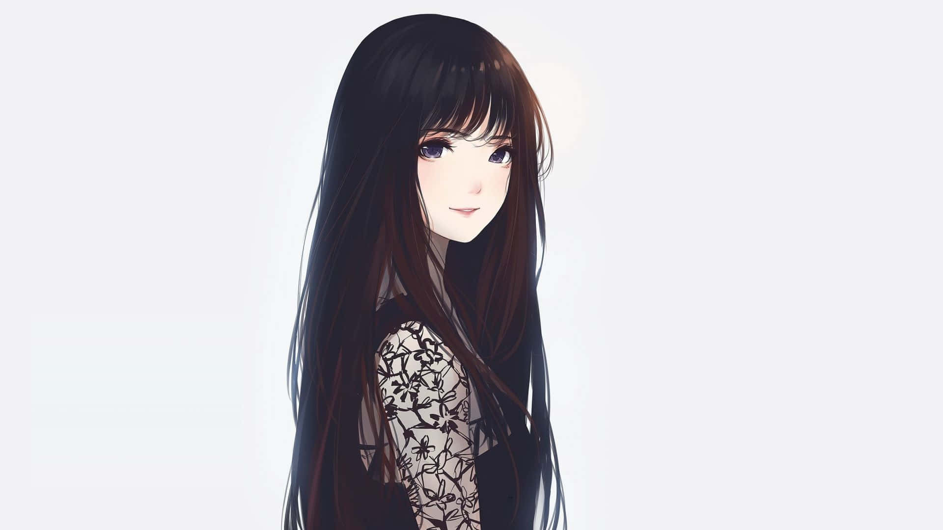 A confident anime girl with deep black hair. Wallpaper