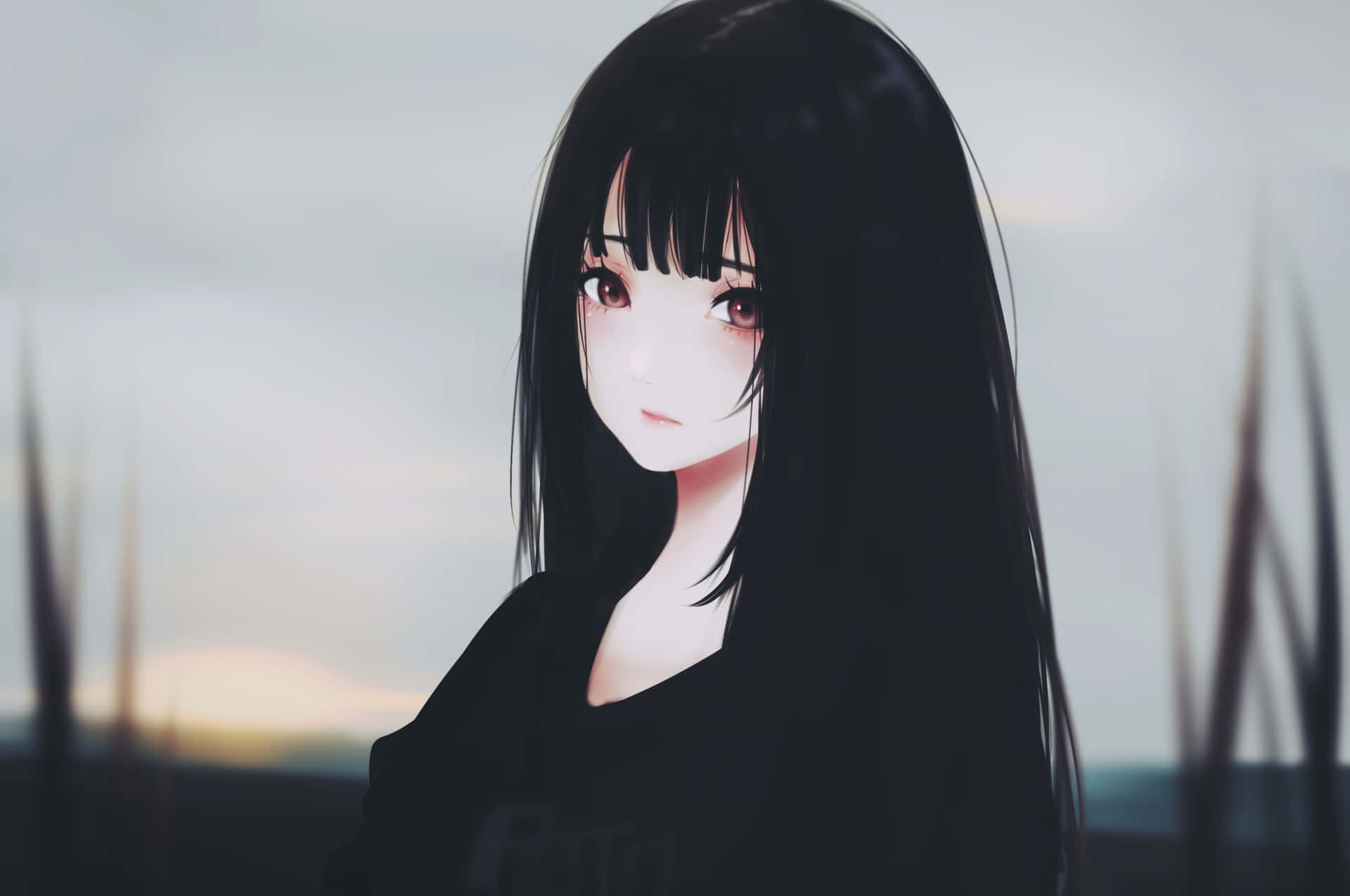 Anime girl with striking black hair Wallpaper