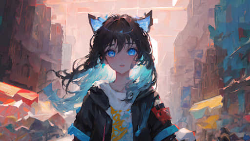 Anime Girl Blue Eyes Cat Ears Urban Backdrop.jpg Wallpaper