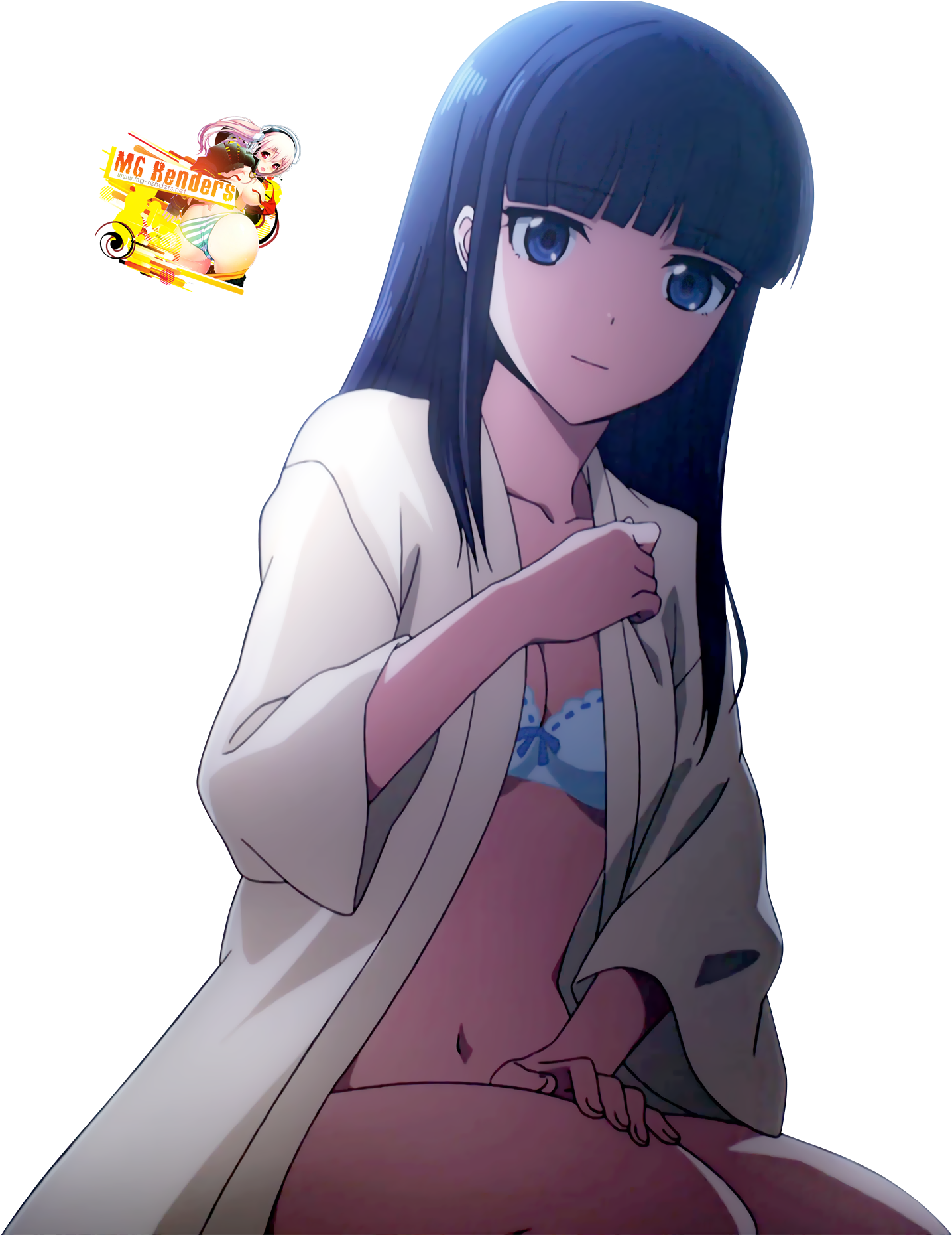 Anime Girl Blue Hair White Coat PNG