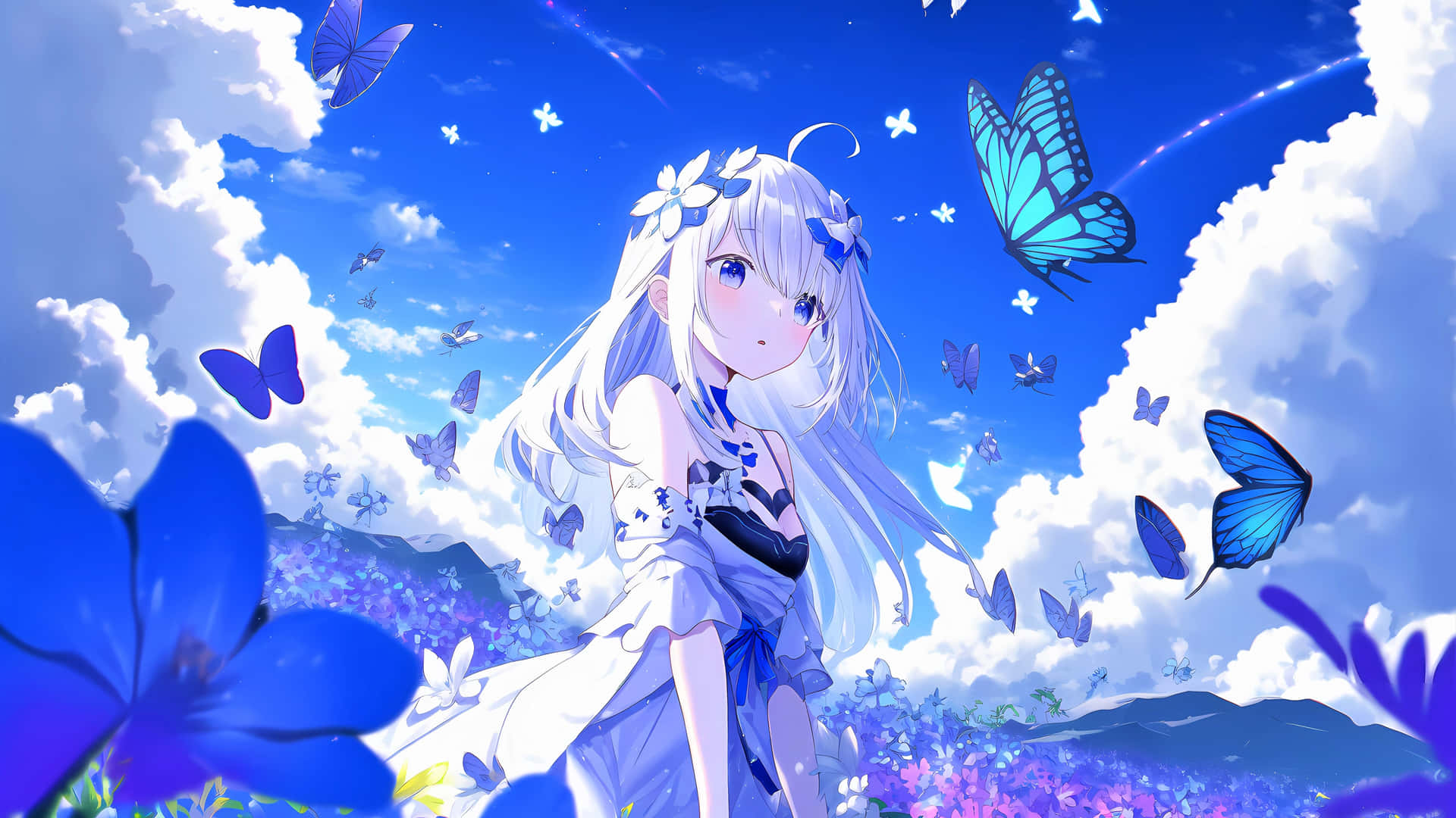 Anime Girl Butterflies Blue Sky Wallpaper