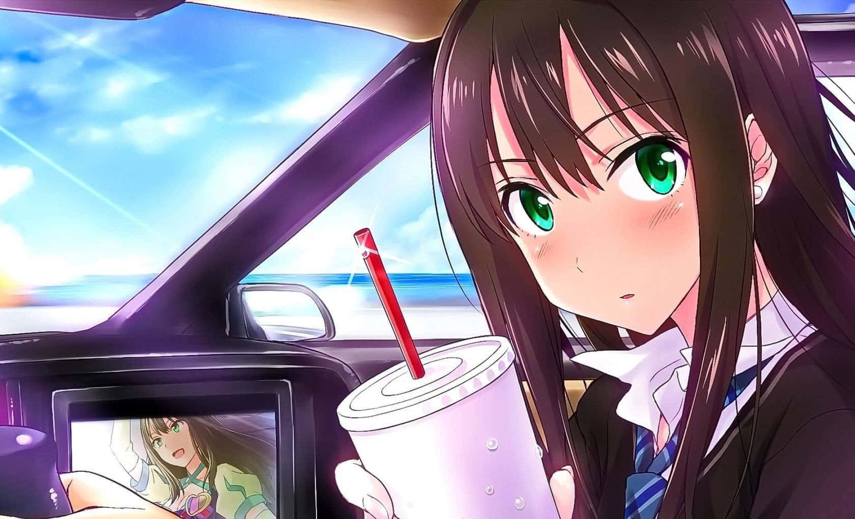 Anime Girl Car Ride Surprise Wallpaper