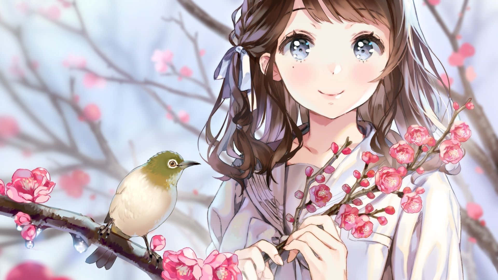 Anime Girl Cherry Blossoms Bird Wallpaper