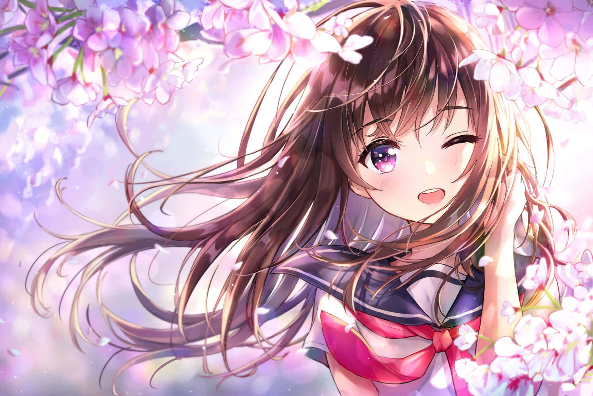 Anime Girl Cherry Blossoms Joy Wallpaper