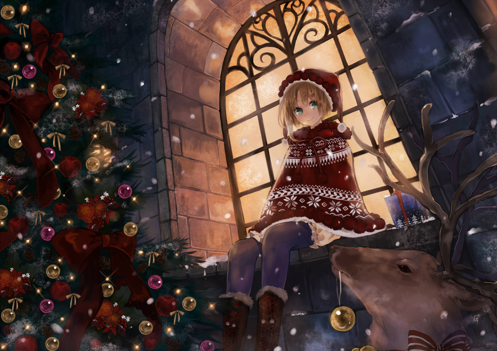 Chicade Anime En Navidad Junto A La Ventana. Fondo de pantalla