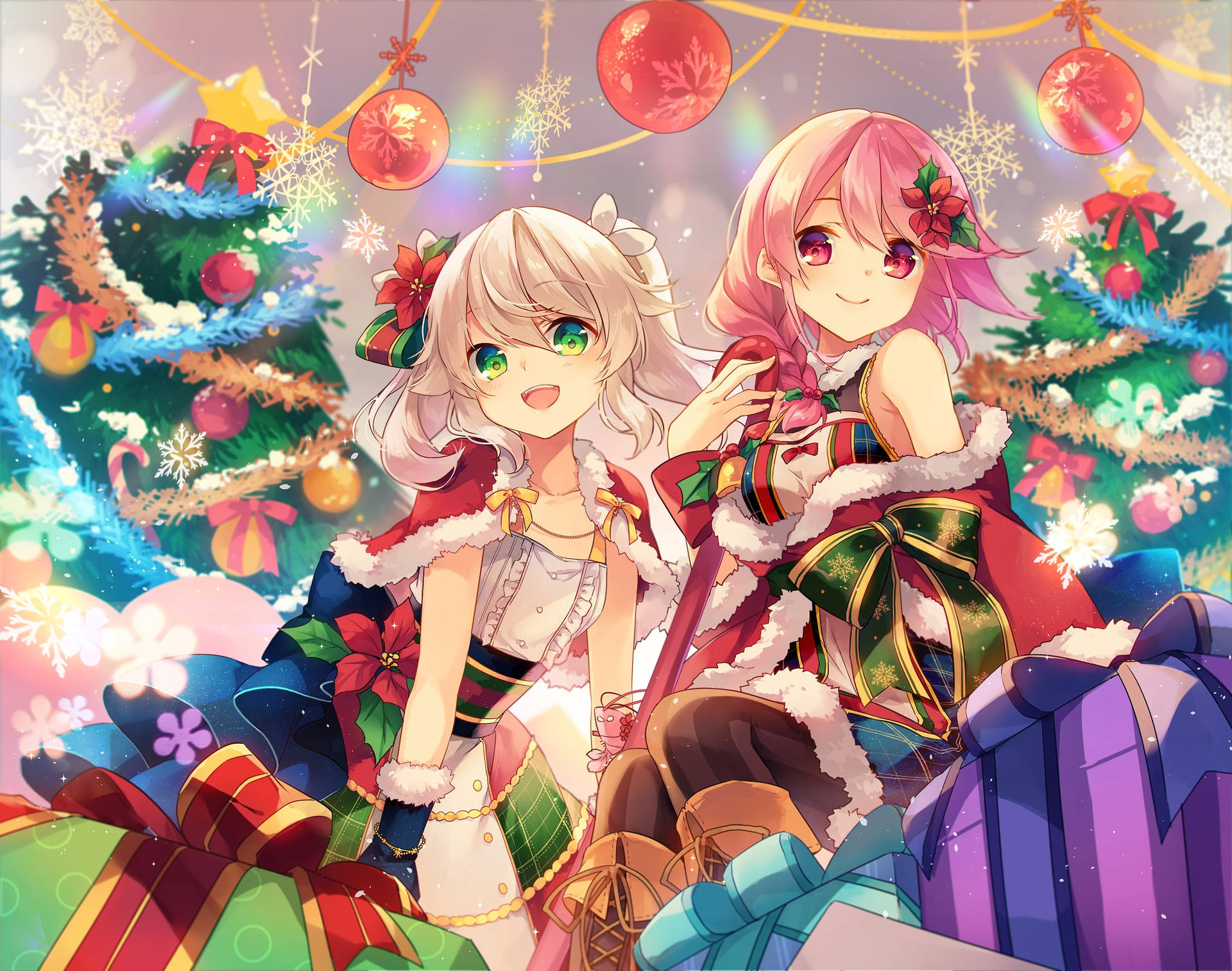 Anime Girl Christmas Characters With Gifts Wallpaper