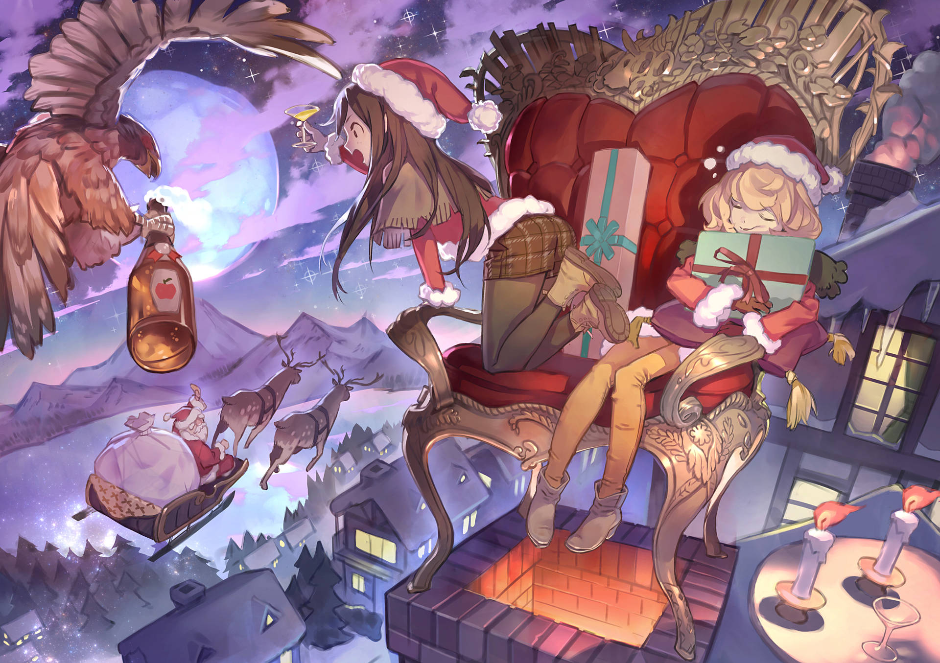 Anime Girl Christmas Characters With Santa Wallpaper