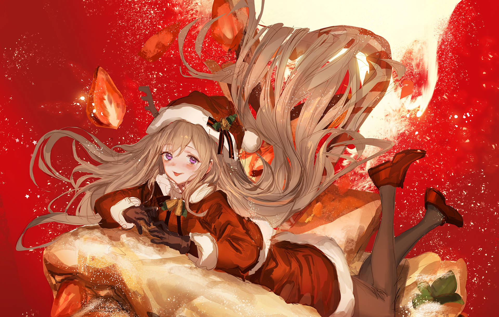 Animemädchen Weihnachten Roter Abstrakter Hintergrund Wallpaper