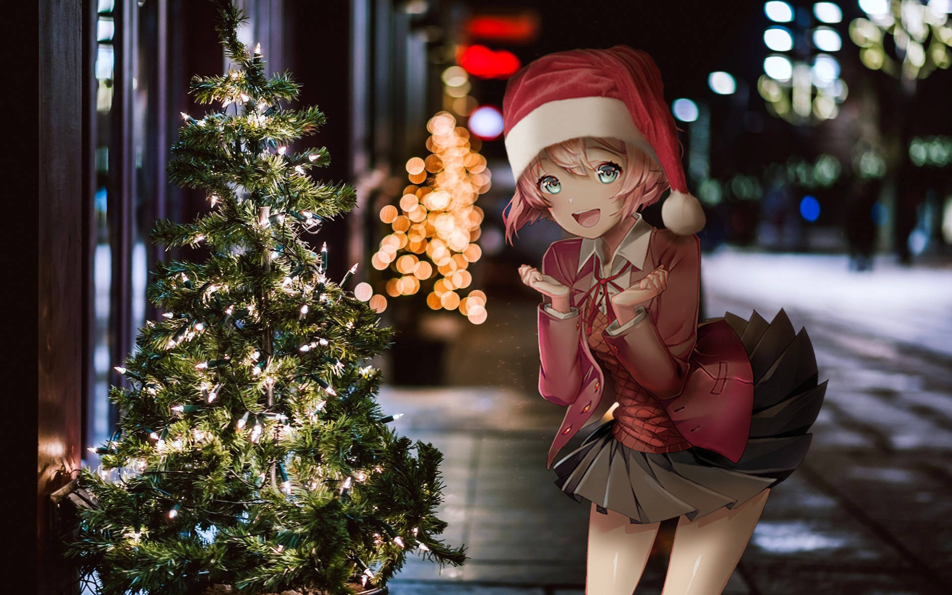 Download Anime Girl Christmas With Real-life Tree Wallpaper 