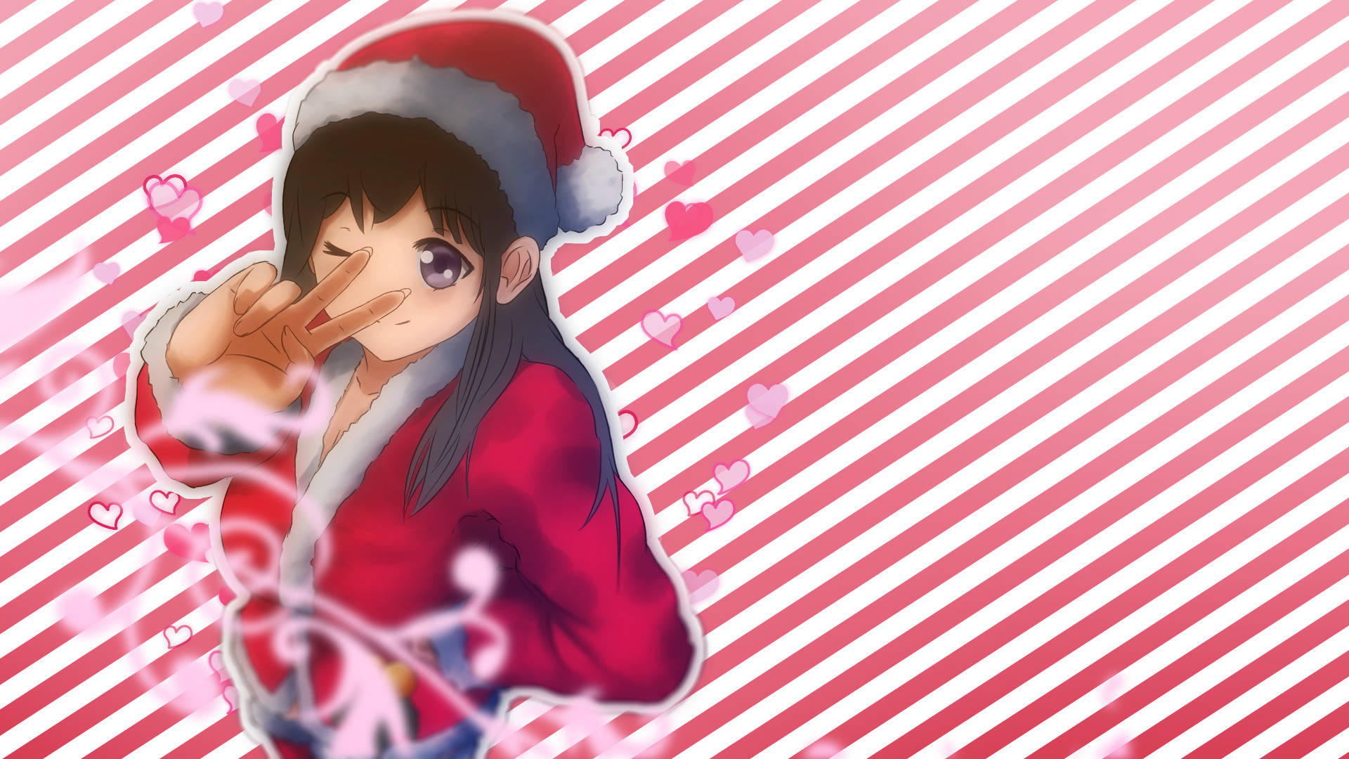 Animemädchen Weihnachten Mit Gestreiftem Hintergrund Wallpaper