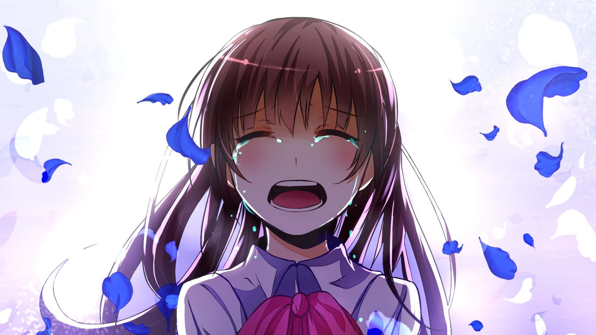 Chicade Anime Llorando Pétalos Azules. Fondo de pantalla
