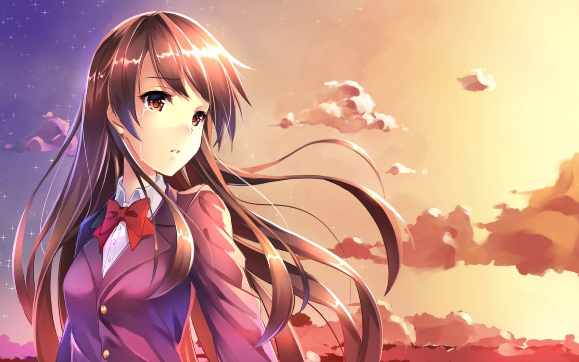 This anime girl is crying during a beautiful sunset, her sadness soothed by the peace of the evening. Wallpaper