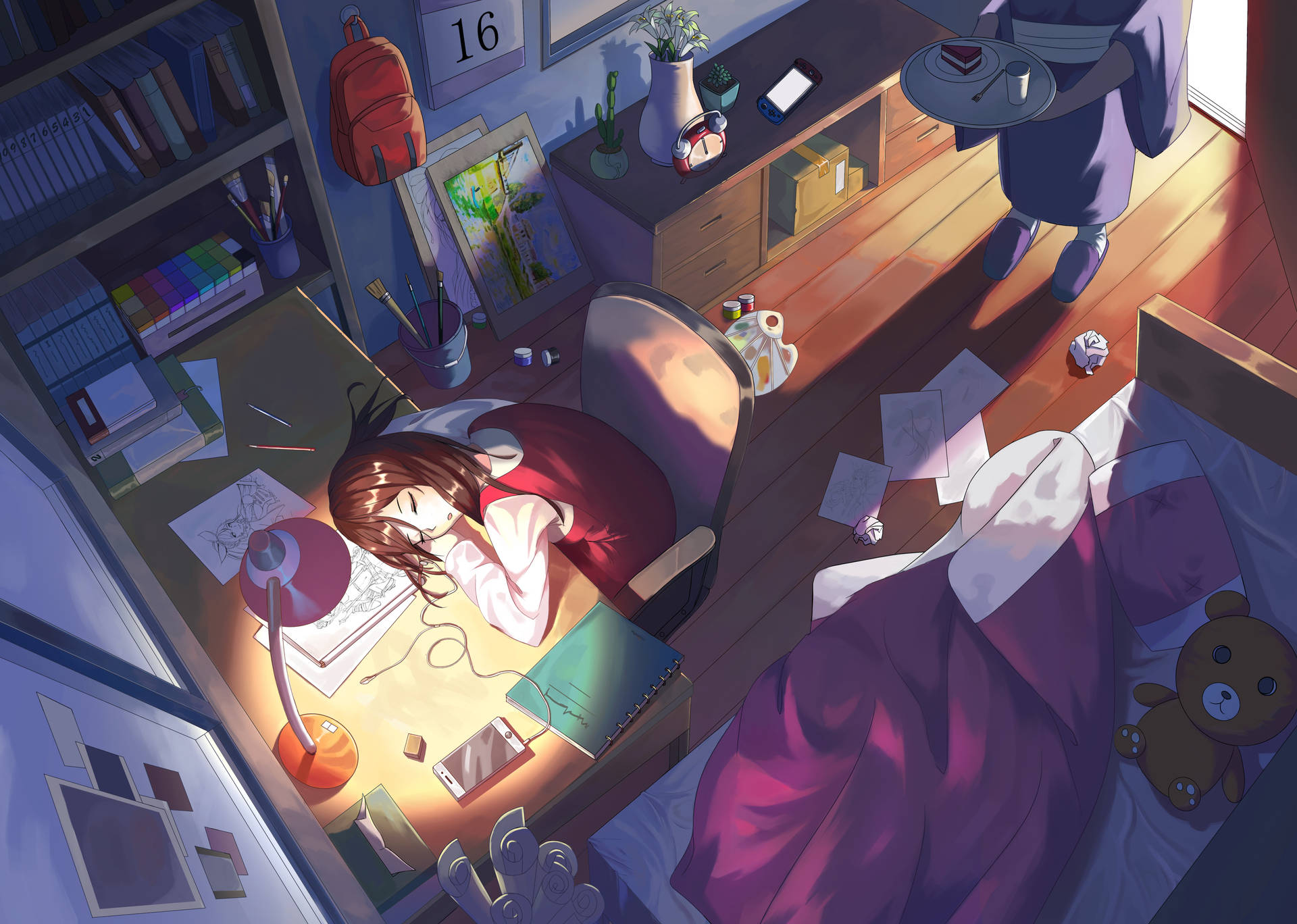 Anime Girl Dozing Off at Her Desk in Her Bedroom Wallpaper