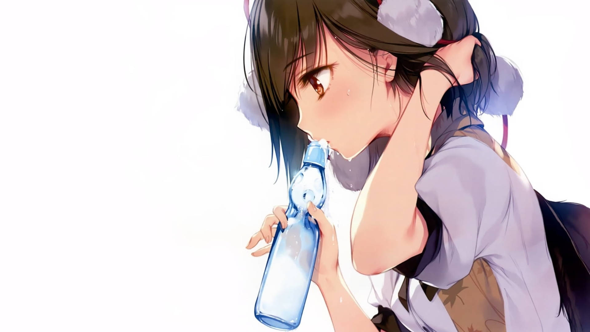 Animetjej Dricker Vatten Från Flaska. Wallpaper