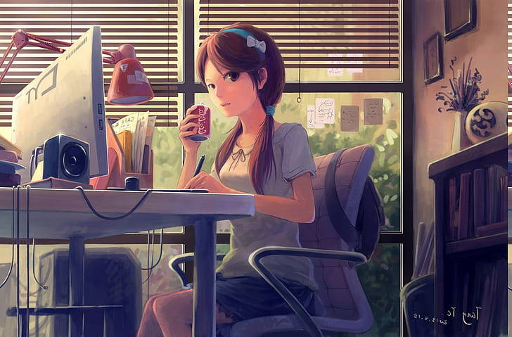 Chicade Anime Bebe De Una Lata De Refresco Frente A Una Computadora Portátil. Fondo de pantalla