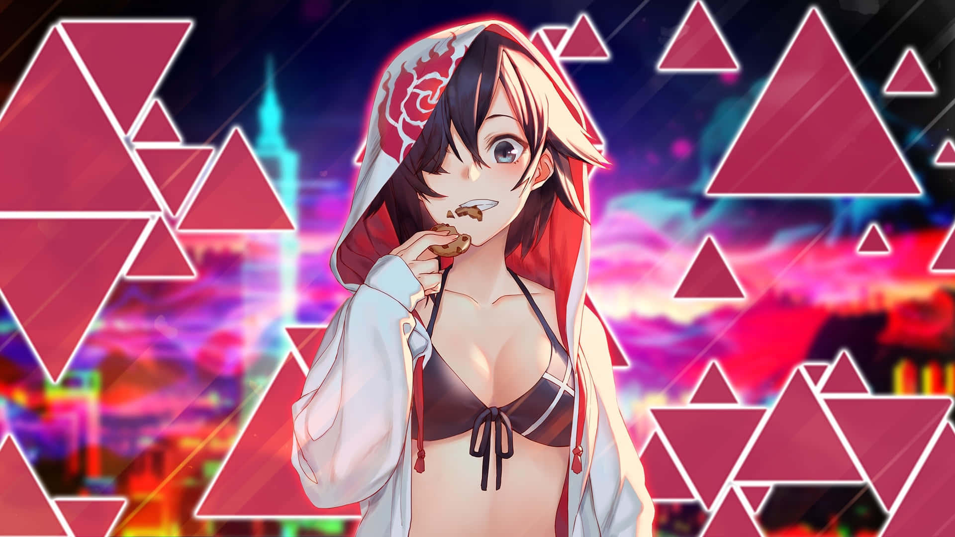 Anime Girl Eating Cookie Neon City Background2560x1440 Wallpaper