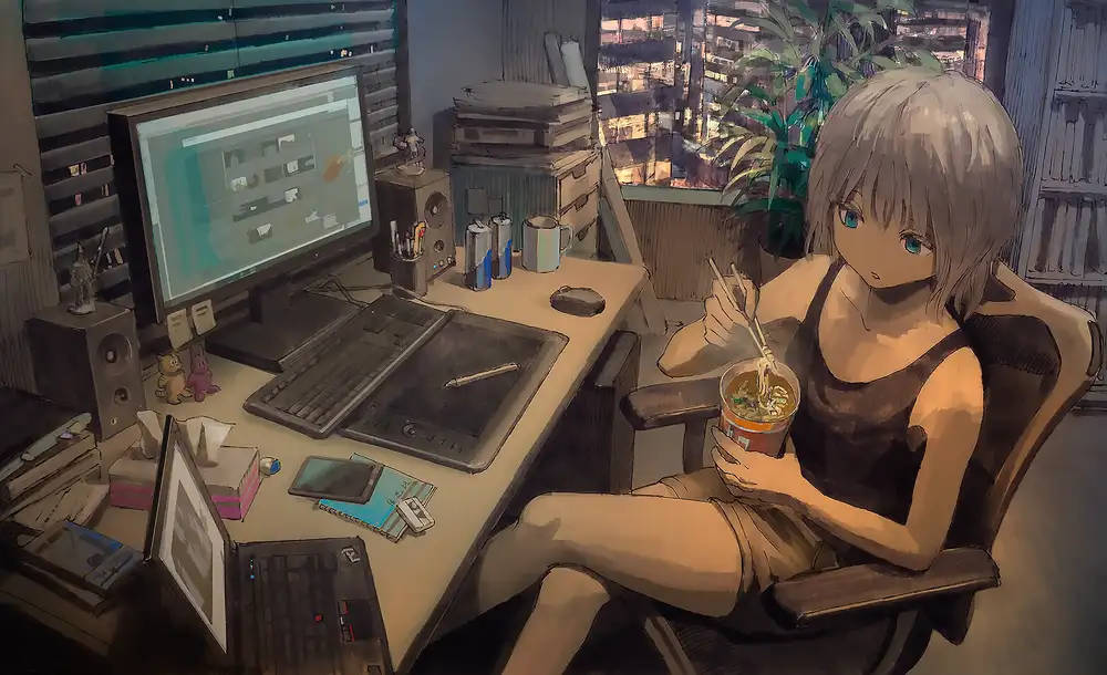Anime Girl Eats Instant Noodles In Front Of Laptop Wallpaper