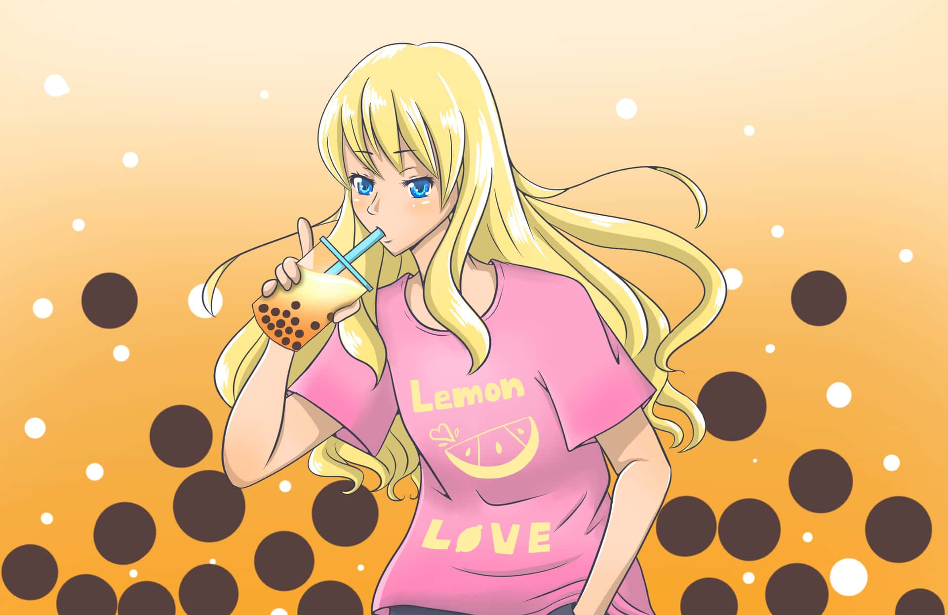 Anime Girl Enjoying Boba Tea Wallpaper