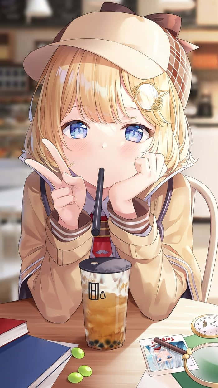 Anime Girl Enjoying Bubble Tea Wallpaper