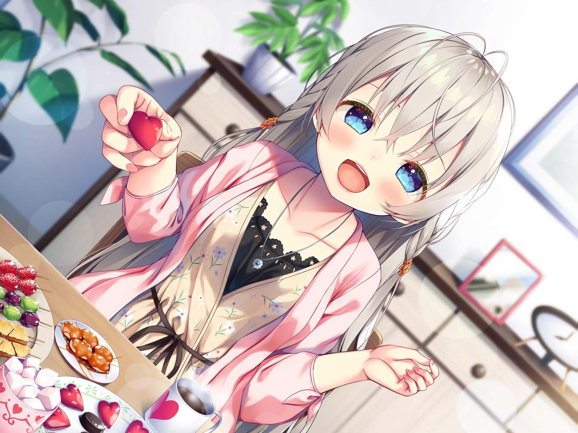 Anime Girl Enjoying Snacks Wallpaper