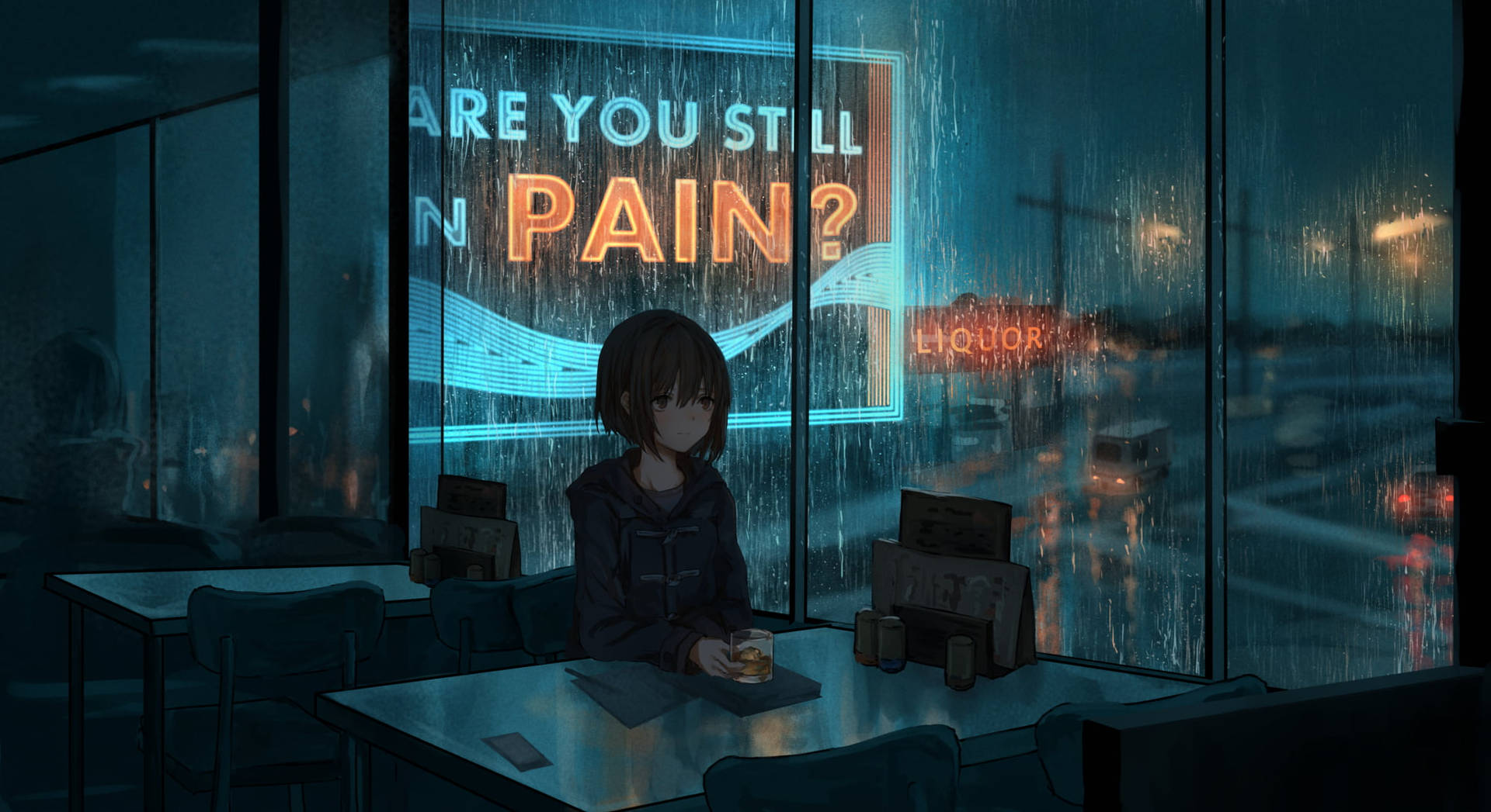 Anime Girl Feeling Alone In Diner Background
