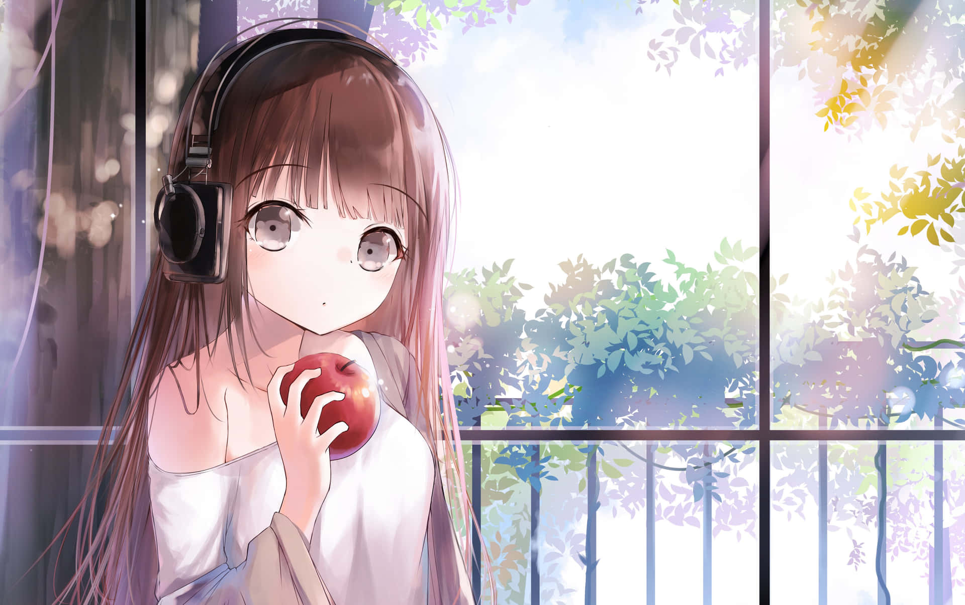 Anime Girl Headphones Apple Balcony View Wallpaper