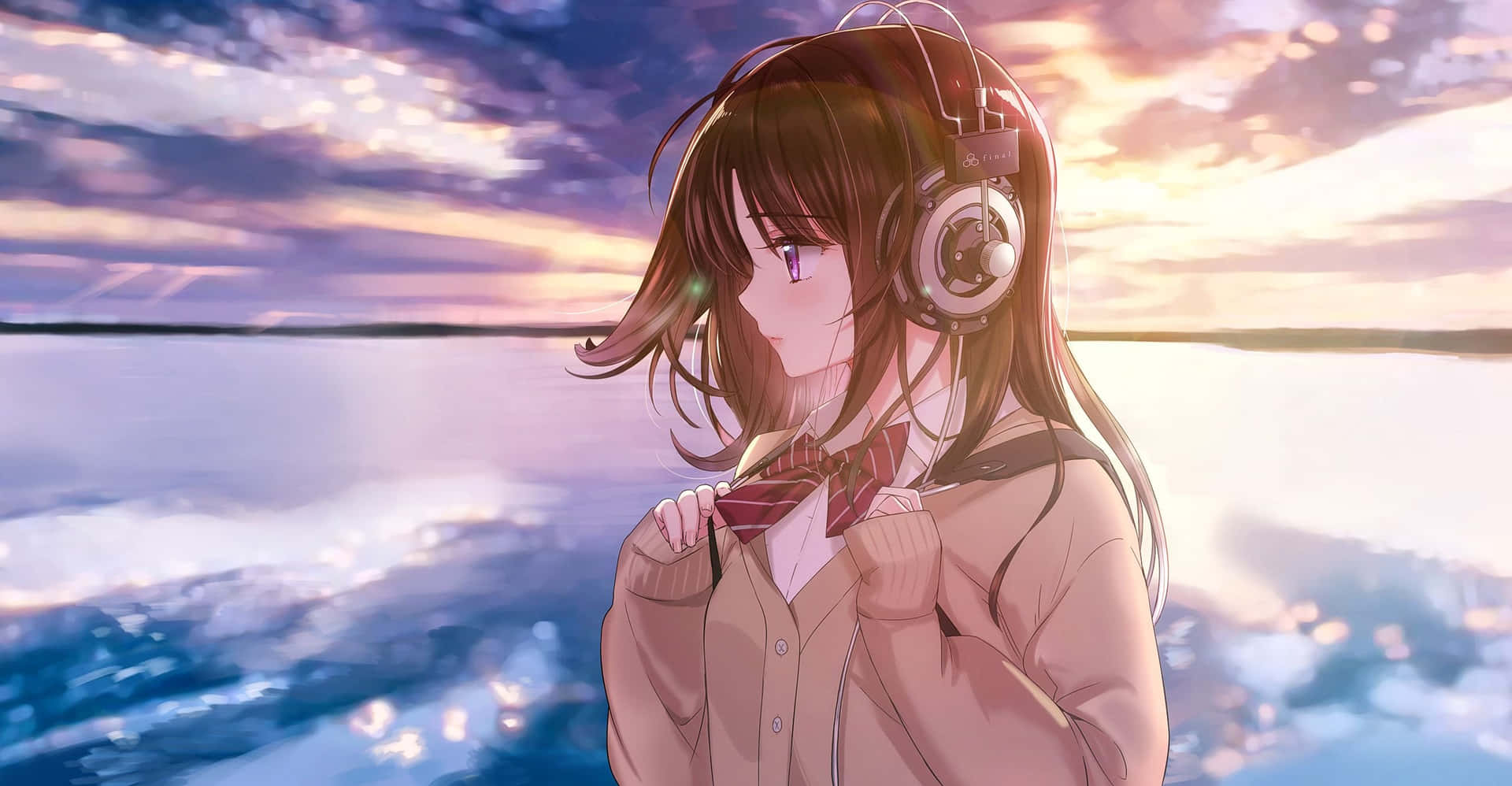 Anime Girl Headphones Sunset Reflection Wallpaper