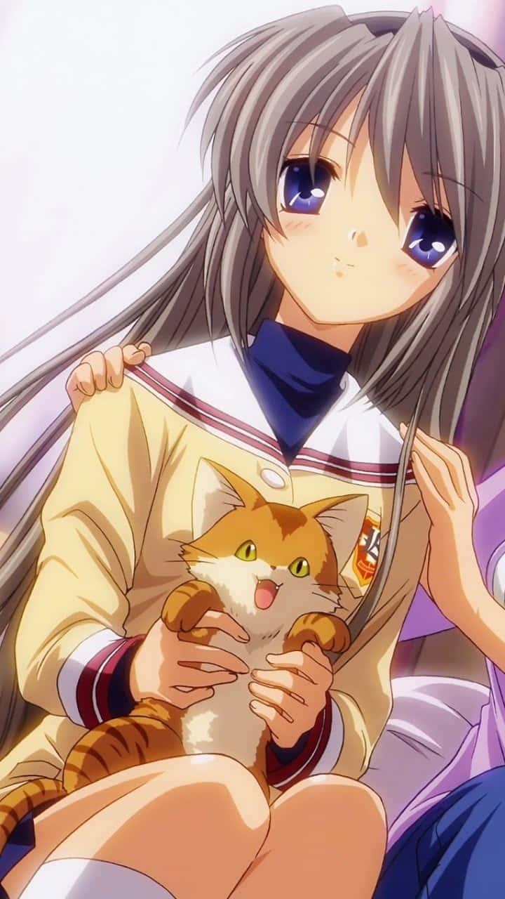 Anime-jente Som Holder Katt Bakgrunnsbildet