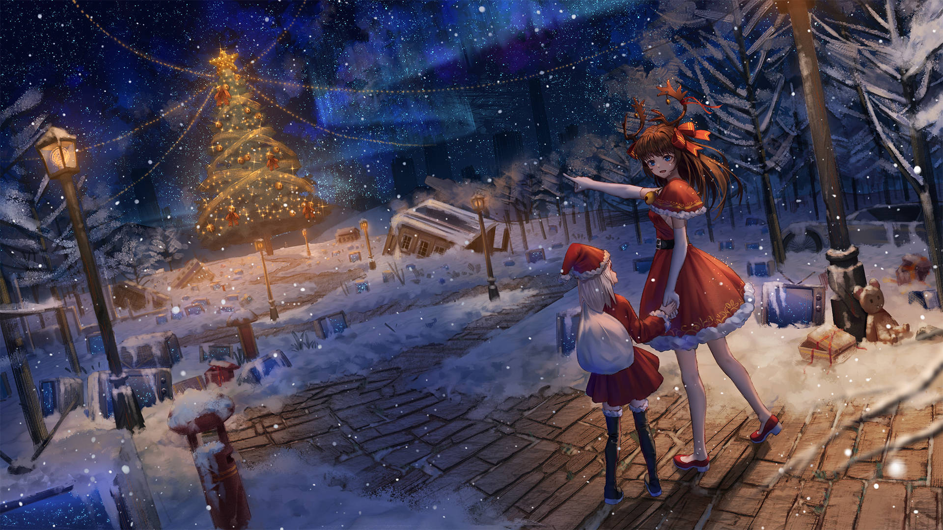 Animemädchen Hält Hände Während Weihnachten Wallpaper
